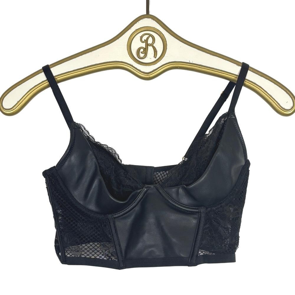 Victoria's Secret Bustier Women 32C Black Faux Leather Lace Very Sexy Corset Top